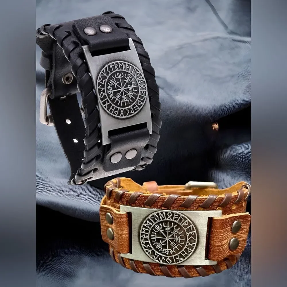 Men’s Leather Buckle Bracelet l Black or Red-Brown l New